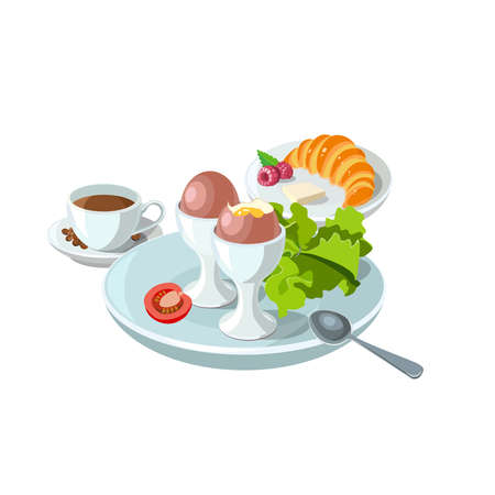 Sample breakfast plate with boiled eggs, croissant and coffee. Classic hotel breakfast set for menu poster. Brunch healthy start day options food. Vector illustrationのイラスト素材