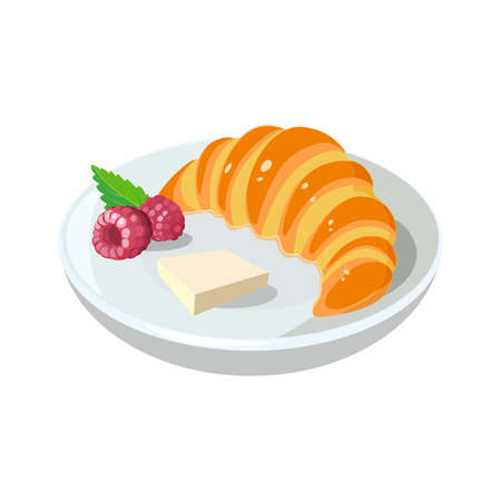 Croissant icon with butter on plate for classic hotel breakfast. Brunch healthy start day options food. For bakery shop or food design. Vector illustration.のイラスト素材