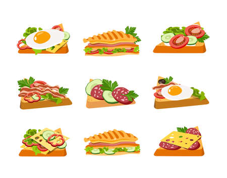 Set of morning sandwiches and toasts for breakfast. Fried pieces of bread with sausage, cheese, eggs, bacon and ham with tomatoes and cucumber. Concept breakfast for menu design. Vector illustration.のイラスト素材