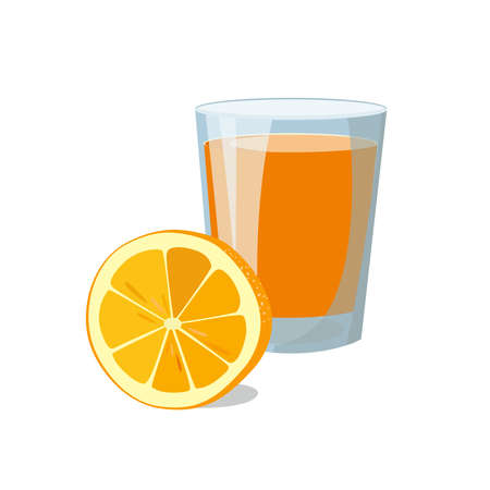 Orange Juice in glass And Slice Of Orange for classic hotel breakfast. Poster for menu, food design. Vector Illustrationのイラスト素材