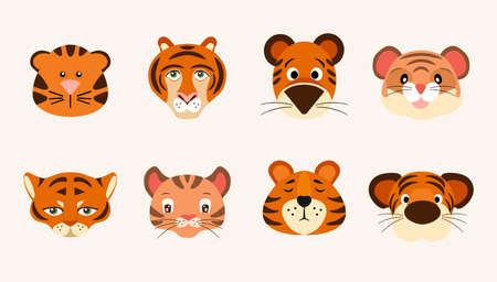 New Year 2022 adorable tigers faces, heads. Set of cute cartoon animals portraits. Fits for designing baby clothes, greeting cards, banners, posters. Vector illustrationのイラスト素材