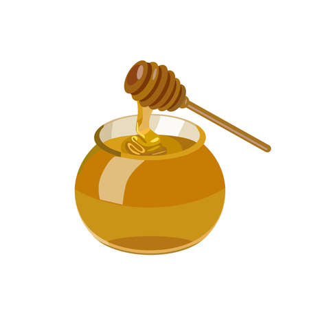 Glass honey jar with special spoon isolated on white background. Cartoon style. Vector illustration.のイラスト素材