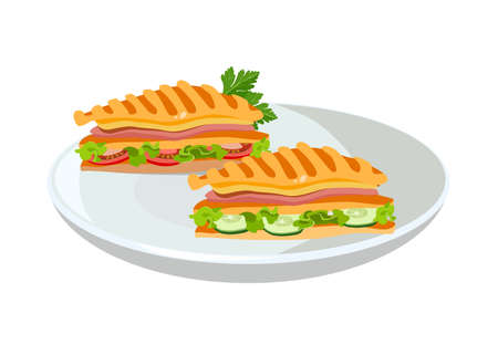 Set of morning sandwiches for breakfast on plate. Fried pieces of toast bread with sausage, cheese, bacon and ham with tomatoes, cucumber. Concept breakfast for menu design. Vector illustration.のイラスト素材