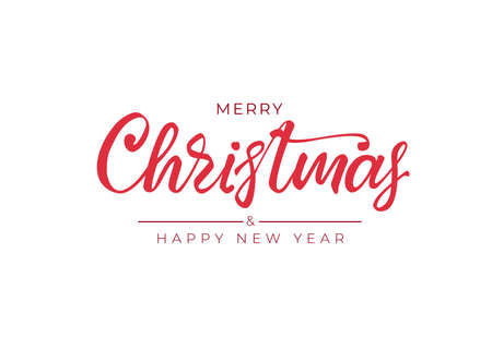 Merry Christmas hand drawn lettering xmas red text isolated on white. For new year holiday invitations, postcard, poster, banner, design. Vector illustration.のイラスト素材