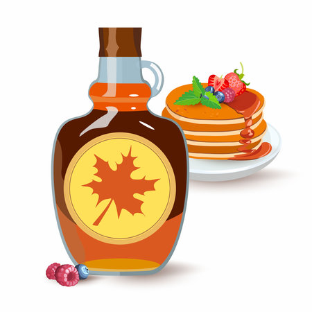 Bottle of natural sweet maple syrup with stacked pancakes with blueberry, strawberry and raspberry. Classic hotel breakfast, brunch healthy start day options food. Vector illustration.のイラスト素材