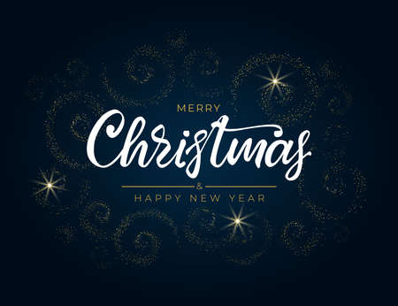 Merry Christmas and Happy New Year 2022. Greeting card with hand drawn lettering and gold glittering spirals as frosty patterns. For holiday invitations, banner, poster. Vector illustration.のイラスト素材