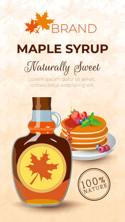 Bottle of natural sweet maple syrup with stacked pancakes with blueberry, strawberry and raspberry on banner. Classic hotel breakfast, brunch healthy start day. Vector illustration.のイラスト素材
