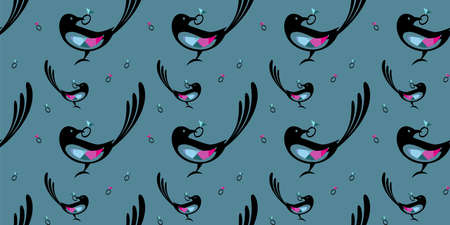 Seamless pattern of Magpie birds with diamond ring in its beak. For branding jewelry store, wedding, kids card. Vector illustrationのイラスト素材