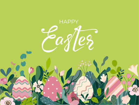 Happy Easter banner with hand drawn lettering text and colorful eggs, leaves and flowers. Beautiful floral background, cute panorama card for festive invitation, design elements. Vector illustration.のイラスト素材