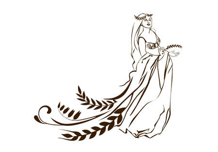 Abstract girl natural beauty with wreath with oat ears in traditional folk dress. Cute young woman holding wheat ear, hand drawing. Symbol of cosmetic, fashion, beauty salon, food. Vector illustrationのイラスト素材