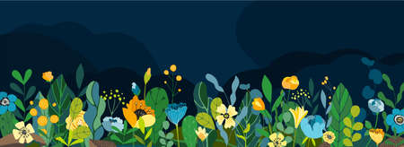 Beautiful floral background, panorama. Landscape of leaves, colorful flowers and berries. Bright spring and summer banner for cover social network, invitation, wedding, holiday. Vector illustration.のイラスト素材