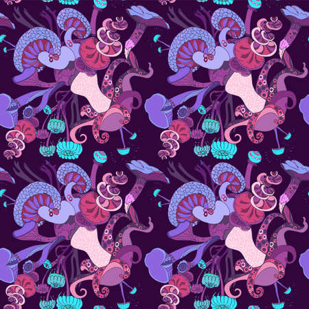 Fantasy seamless pattern with hand drawn colorful various mushrooms. Beautiful magic pattern,...