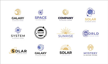 Set of Space and solar emblems, icons, Logos Galaxy signs with Orbitz planets and radial rays of sunburst for logo IT, ecology, concept design from space exploration, astrology. Vector illustrationのイラスト素材