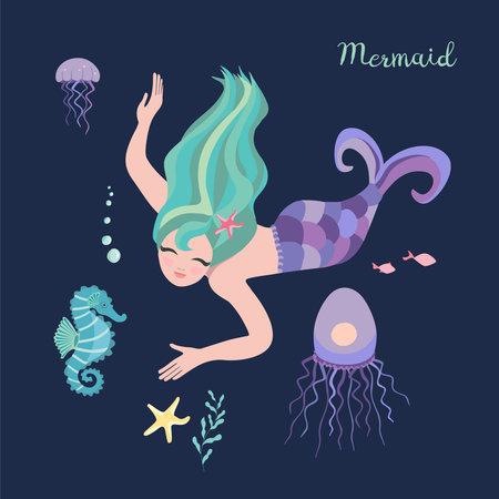 Card of mermaid, jellyfish and seahorse. Cute little girl mermaid, pretty sea animals silhouette on dark background. Template for design notebook, kids poster. Cartoon vector illustration.のイラスト素材