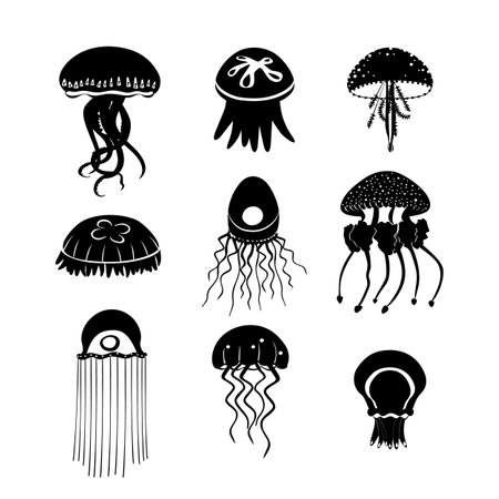 Set black jellyfish icons. Pretty jellyfish different silhouette on white background. For festive card, logo, children, pattern, tattoo, decorative, creative concept. Cartoon vector illustrationのイラスト素材