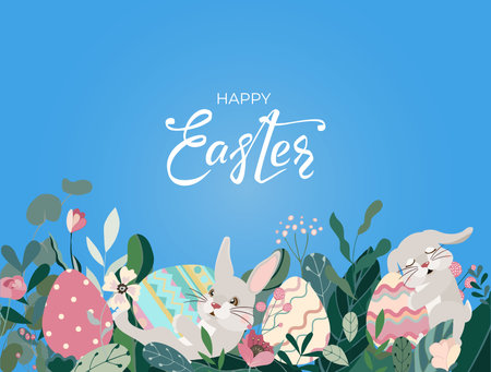 Happy Easter bunnies banner with hand drawn lettering text and eggs, leaves and flowers. Beautiful floral background, cute panorama card with rabbits for festive invitation. Vector illustration.のイラスト素材