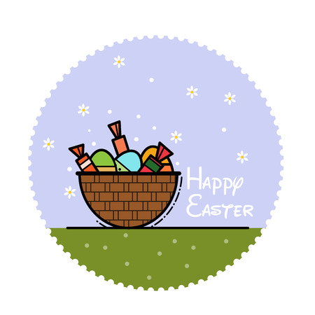 Easter flat picture on a blue background with daisies in a circle.のイラスト素材