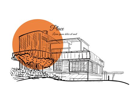 Sketch of a building with orange circle on the background with text.のイラスト素材