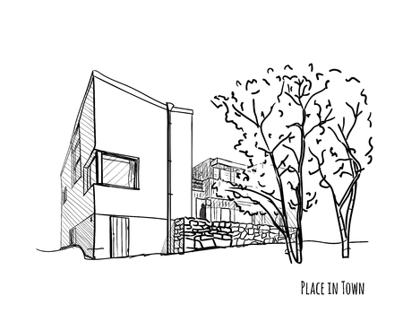 Architectural vector black and white sketch.のイラスト素材