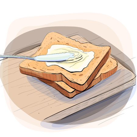 Color illustration of bread with butter on a plate.のイラスト素材