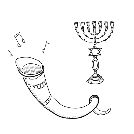 Vector set of sketches attributes celebration of Rosh Hashanah , the traditional food , candles , torus , shofarのイラスト素材