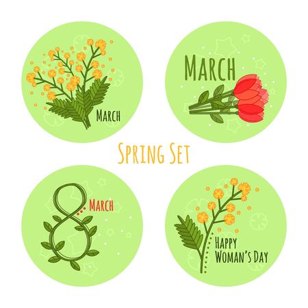 Womans day set in flat style on white background. Set with stickers for flat design. Vector colorful cartoon 8 march. Holiday cards. Isolated vector illustration. Symbol, sticker design.のイラスト素材
