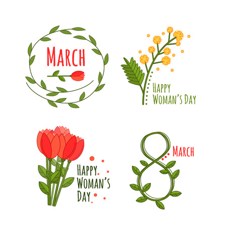 Vector woman's day set in cartoon style on white background, great design for any purposes. Spring flat set. Flat design vector illustration. Vector natural illustration.のイラスト素材