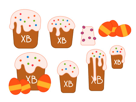 Beautiful set with easter cake and colorful eggs for web background design. Vector flat illustration...