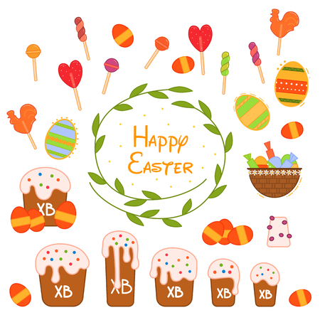 Flat vector easter illustration set for web design. Isolated color symbol set. Easter day background. Flat vector collection.のイラスト素材