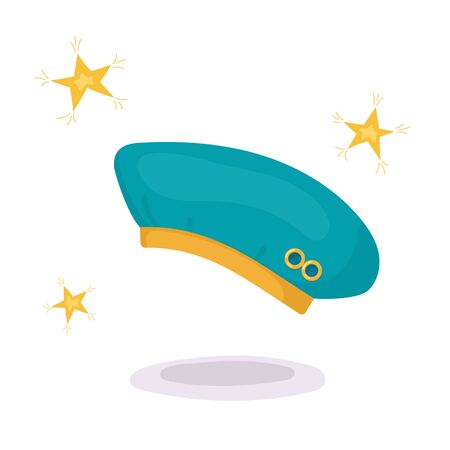 Clothing set with winter blue beret and little stars. Cartoon colorful poster on white background.のイラスト素材