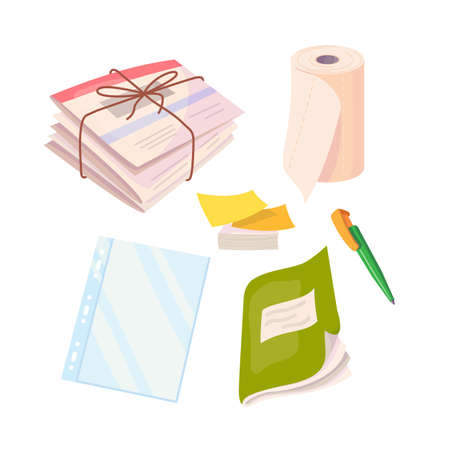 Business set with newspapers, paper towel, stickers, file, notebook and ball pen. Vector cartoon flat illustration isolated on white background.のイラスト素材