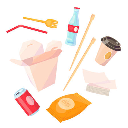 Set with fast food equipment. Get away food. Vector cartoon flat illustration isolated on white.のイラスト素材