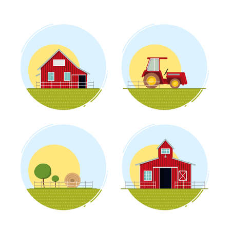 Set with farm scenes. Colorful countryside. Vector cartoon flat illustration isolated on white.のイラスト素材
