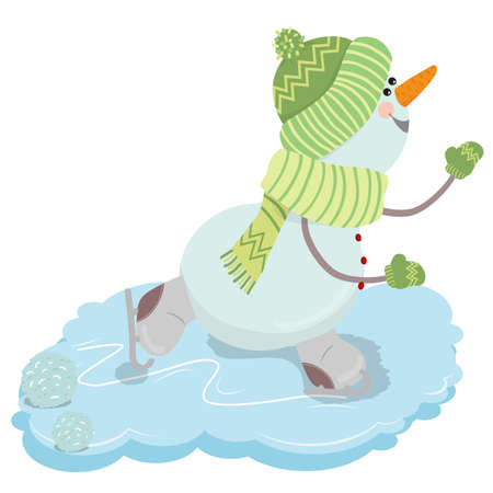 Snowman in a hat, scarf and mittens, Ice skating.のイラスト素材