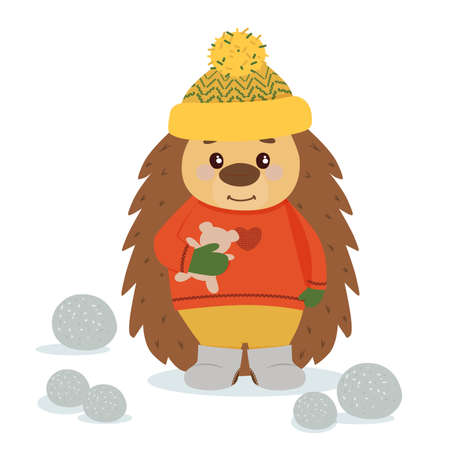 A little hedgehog in a sweater and mittens walks.のイラスト素材