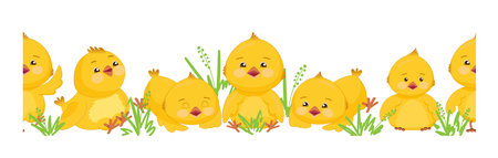 Seamless border with cute cartoon chicken baby. Funny chick. Hand drawn characters. Vector illustration.のイラスト素材