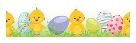 Seamless border with cute yellow chickens, colorful Easter eggs on young green grass.のイラスト素材
