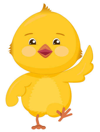 Cheerful walking yellow chicken. Funny bird with pink cheeks and big eyes isolated on white background.のイラスト素材