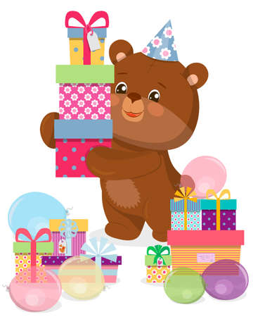 A happy cartoon teddy bear in a party hat carries gift boxes. Vector illustration.のイラスト素材