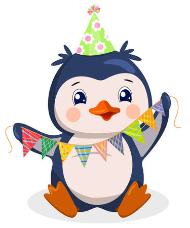 Funny cartoon penguin in a cap with flowers holds a garland.のイラスト素材