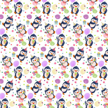 Seamless pattern with funny penguins in festive caps with balloons, gifts, pipesの写真素材