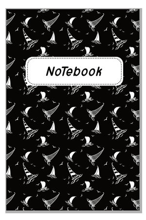 Black cover with a pattern of different white yachts for notebooks, for notepads, planners, brochures, school notebooks, diaries. Black and white. Vector illustration for print. The connectors are insulated and replaceable.のイラスト素材