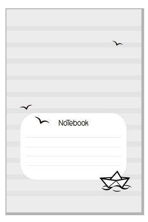 Cover with a pattern of a paper boat sailing on waves for notebooks, for notepads, planners, brochures, school notebooks, diaries. Black and white. Vector illustration for print. The connectors are insulated and replaceable.のイラスト素材