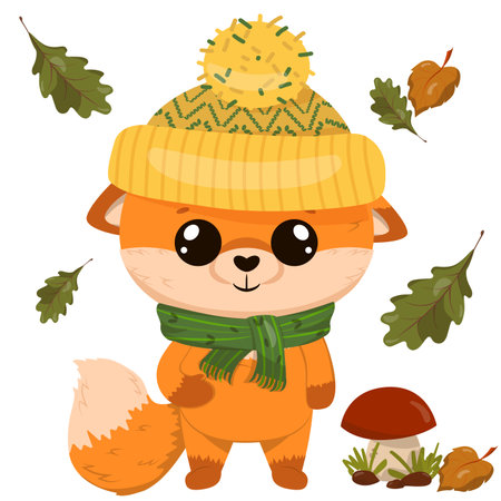 Cute fox in a funny hat and scarf. The fox is standing. Fungus in the grass with a leaf. Falling leaves. Vector illustration of drawings, prints and patterns.のイラスト素材