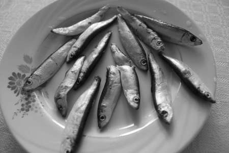 little shine silver fish lay on the plate prepare for meal on dinnerの写真素材