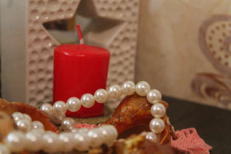 bright red color aroma candle decorated white pearl bead for holiday decor