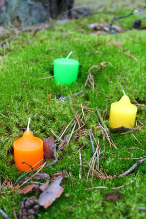 three aroma bright candles in green moss time for magic meditation and relaxの写真素材