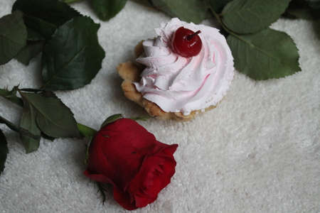 sweet airy cream cake with cherry on top with red rose flower nice romantic dessert on holidayの写真素材