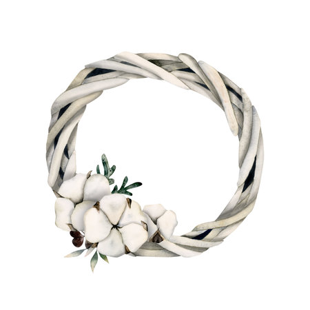 Hand drawn watercolor wreath with dried cotton flowers. Background for invitation, label, tags, wedding, greeting, birthday cardの写真素材