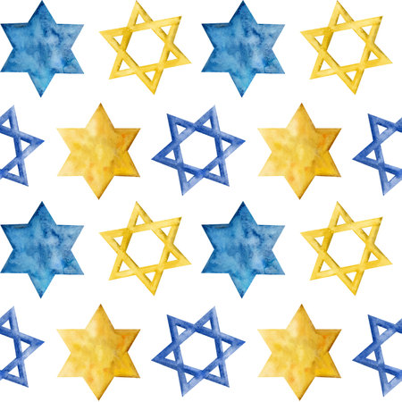 Star of David watercolor seamless pattern for Hanukkah and other Jewish holidays. Blue, yellow gold colors. For wrapping paper, fabrics, polygraphyの写真素材